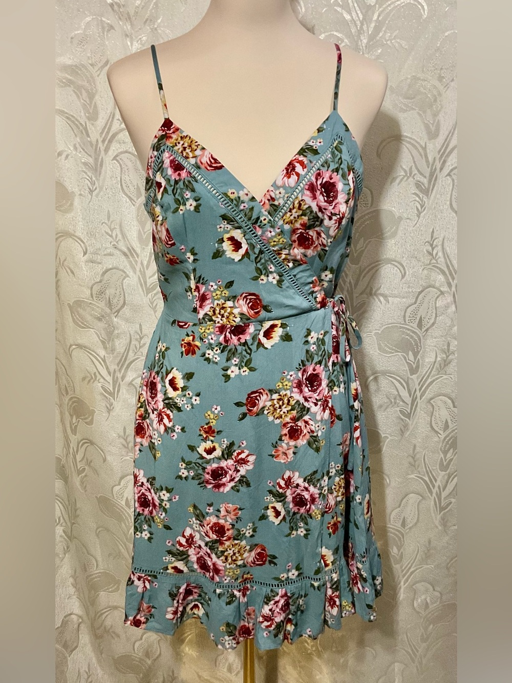 B.O.G. Collective Teal & Rose Floral Print Spaghetti Straps Sundress M
